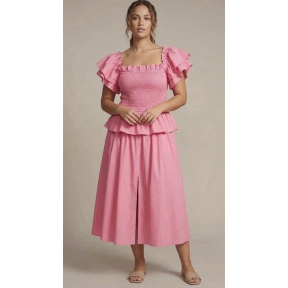 Toccin NY Pink Smocked Flutter Sleeve Midi‎ Dress 100% Cotton XL Peplum